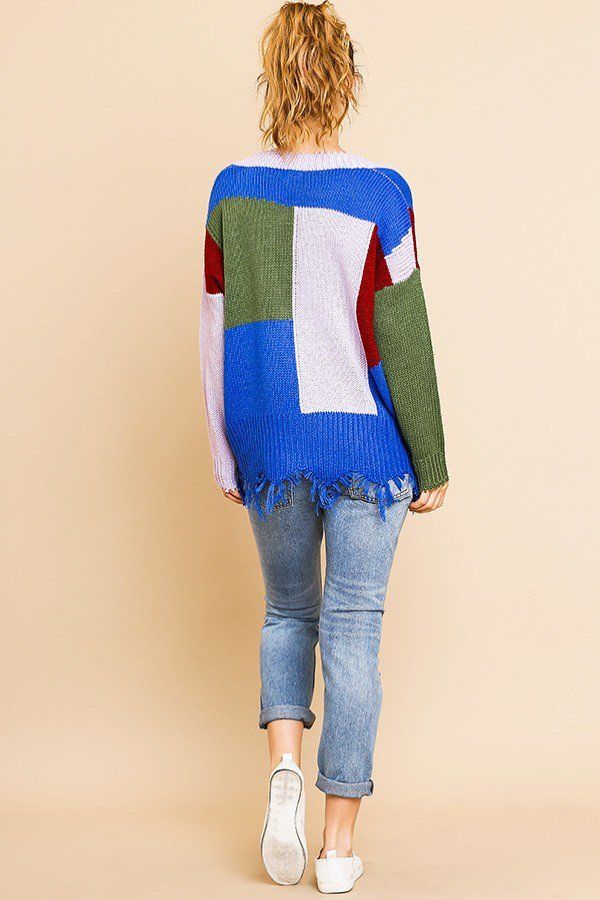 Color Blocked Long Sleeve V-neck Knit Pullover Sweater