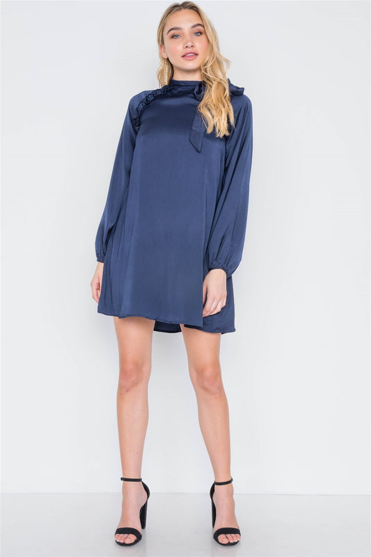 Satin Long Sleeve Side-tie Mini Dress