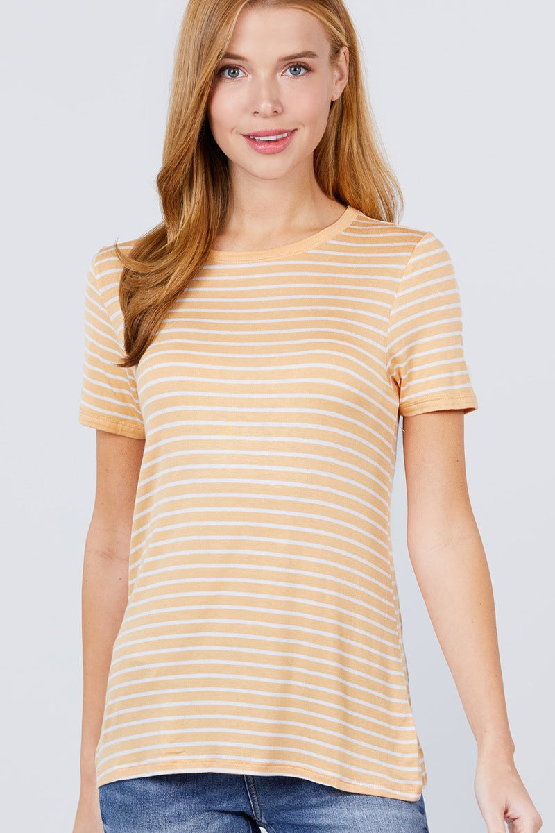 Short Sleeve Crew Neck Stripe Rayon Spandex Ringer Knit Top