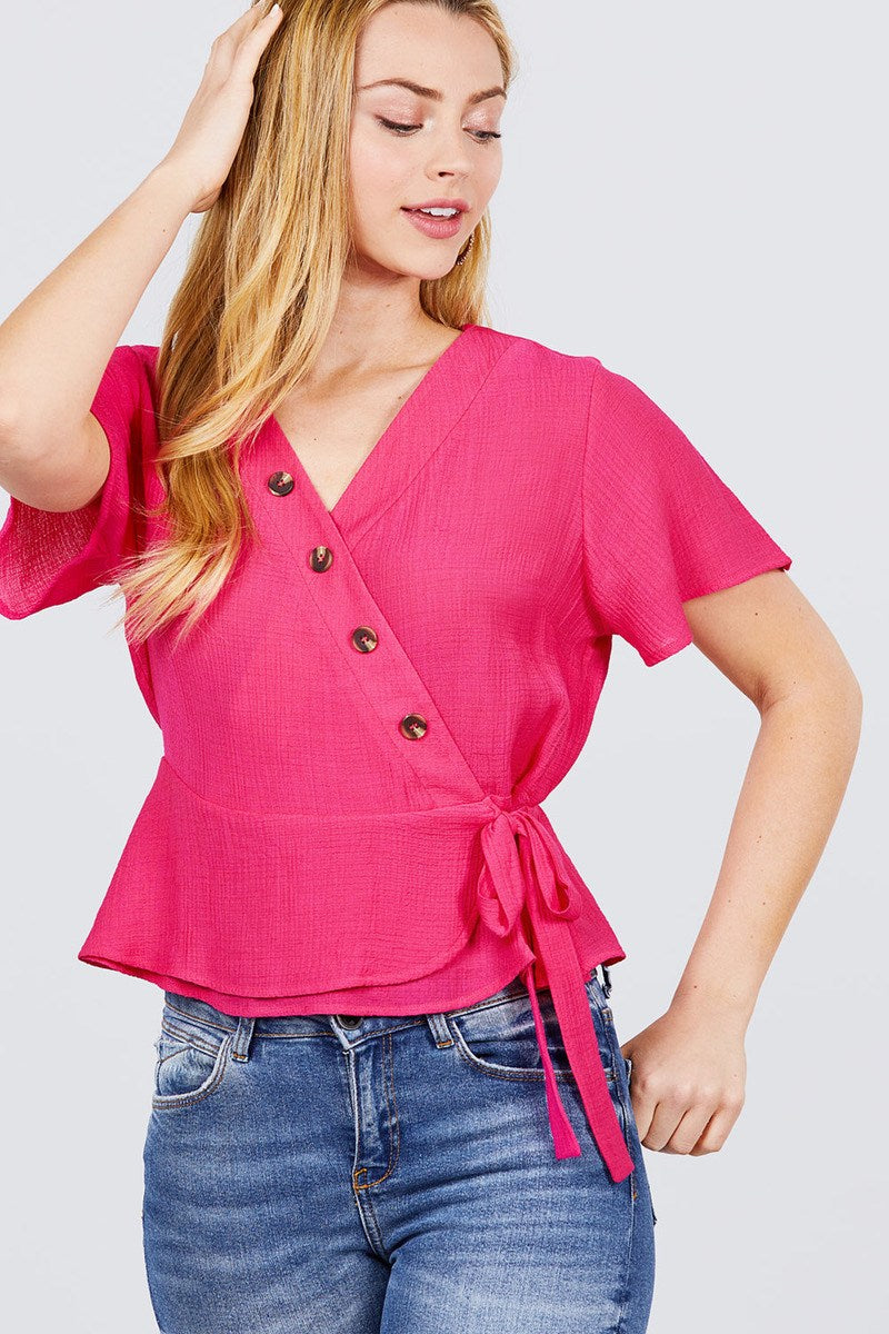 Short Sleeve V-neck Surplice Button Down Detail Ribbon Tie Back Shirring Woven Top