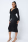 Long Sleeve Midi Dress With Low V Neck Front And Back With Ruching On Sides And Chest