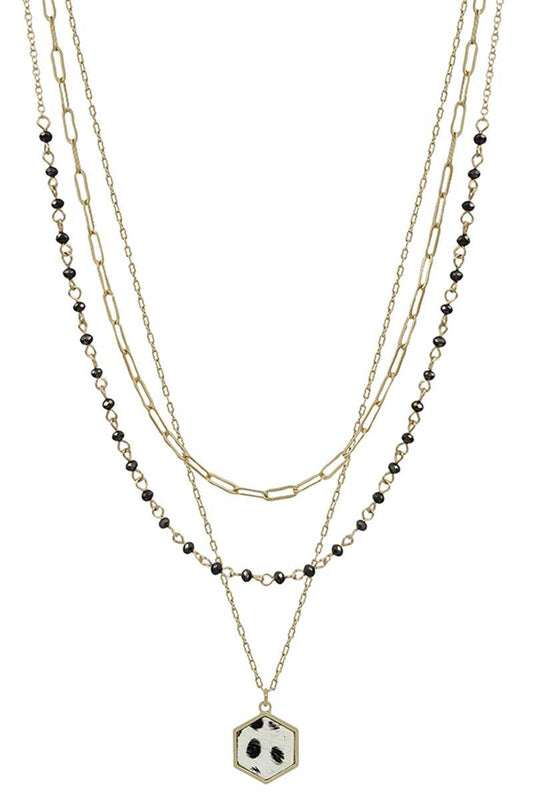 3 Layered Metal Crystal Bead Chain Hexagon Leopard Pendant Necklace