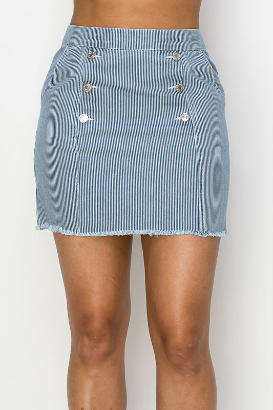 Button Frayed Denim Mini Skirt