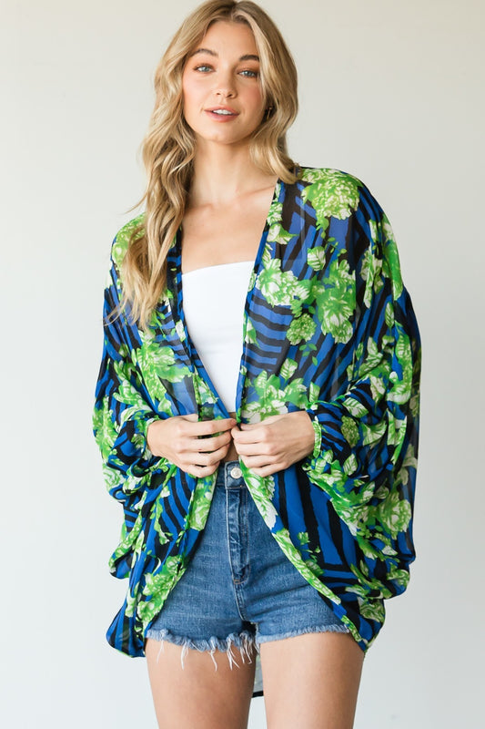 Stripes And Floral Print Lightweight Kimono