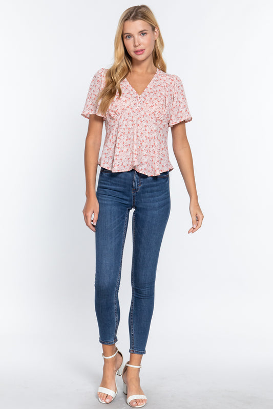 Ruffle Slv W/back Tie Print Woven Top