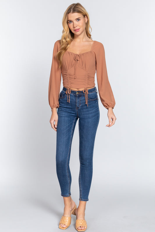 Long Sleeve Front Tied Ruched Detail Woven Top