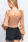 Long Sleeve Sweetheart Neck Front Ribbon Tie Detail Woven Top