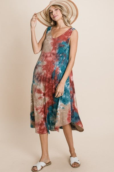 Tie Dye Ribbed Brush Sleeveless Flowy Asymmetrical Hem Midi Dress