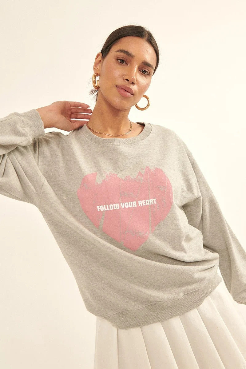 Vintage-style Heart Graphic Print French Terry Knit Sweatshirt