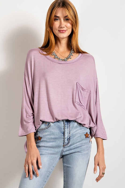 Rounded Neckline 3/4 Sleeves Washed Top