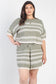 Plus Olive Striped Knit Short Sleeve Crop Top High Waist Shorts Set