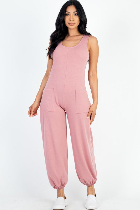 Casual Solid French Terry Sleeveless Scoop Neck Front Pocket Jumpsuit