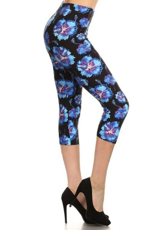 Multi-color Print, Cropped Capri Leggings In A Fitted Style With A Banded High Waist