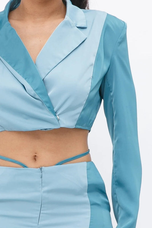 Colorblock Crop Blazer With Matching Low Rise Wide Leg Pant Set With Pockets