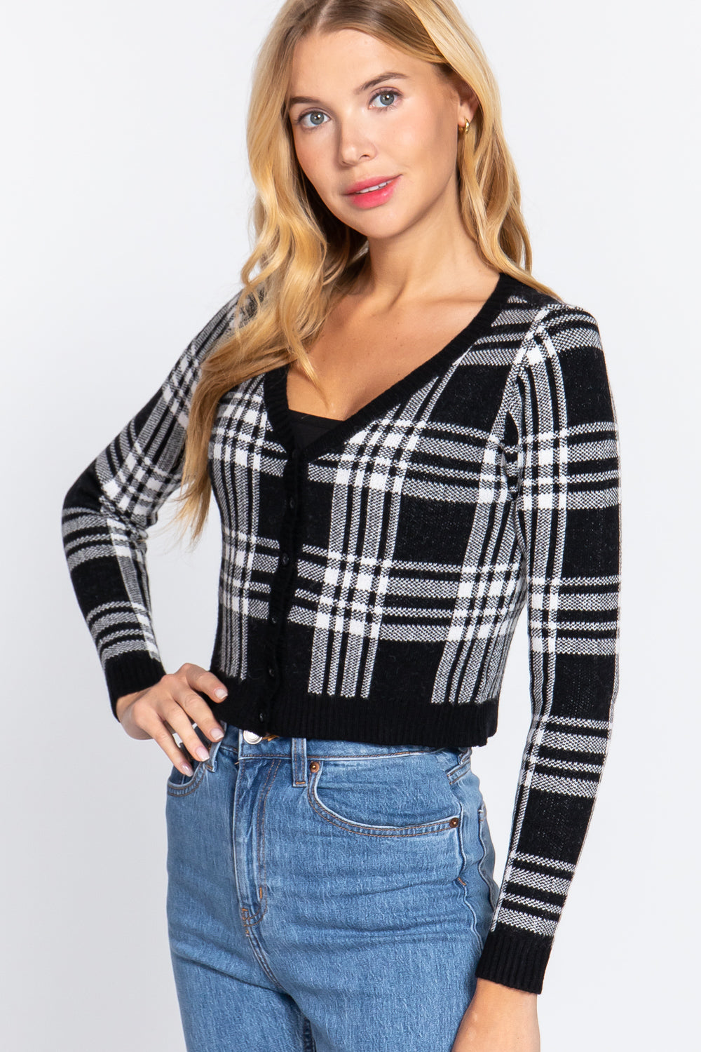 Long Sleeve V-neck Fitted Button Down Plaid Sweater Cardigan