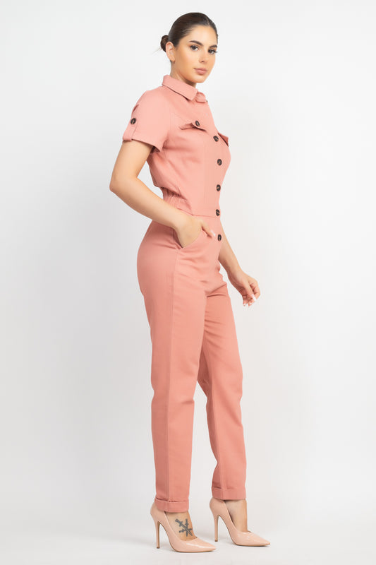 Collared Button-front Jumpsuit