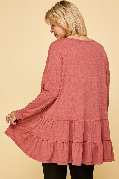 Plus Size Solid Long Sleeves Button Up Swing Tunic Top With Ruched Detail