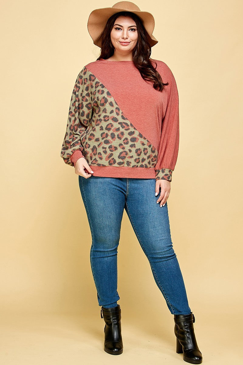 Plus Size Cute Animal French Terry Brush Contrast Print Pullover