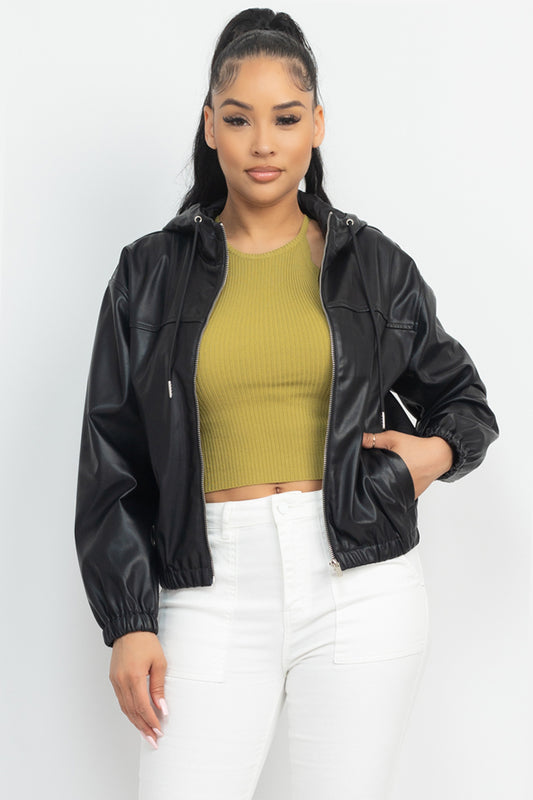 Faux Leather Hoodie Jacket