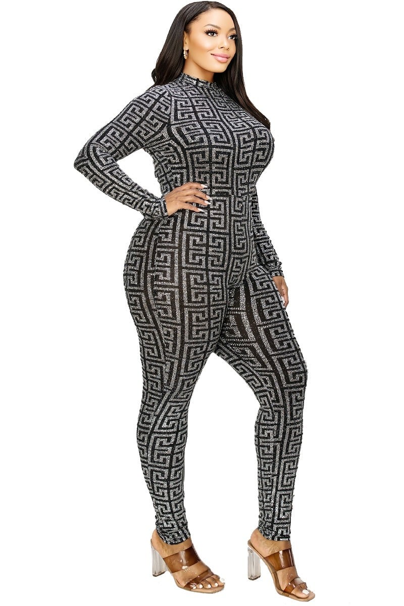 Plus Geo Pattern Glitter Printed Jumpsuit