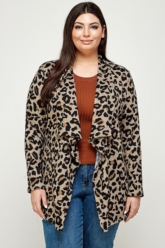 Plus Size, Animal Leopard Printed Knit Cardigan