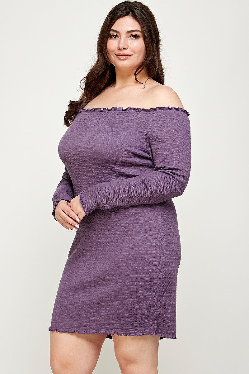 Plus Size, Solid Smocked Off Shoulder Dress